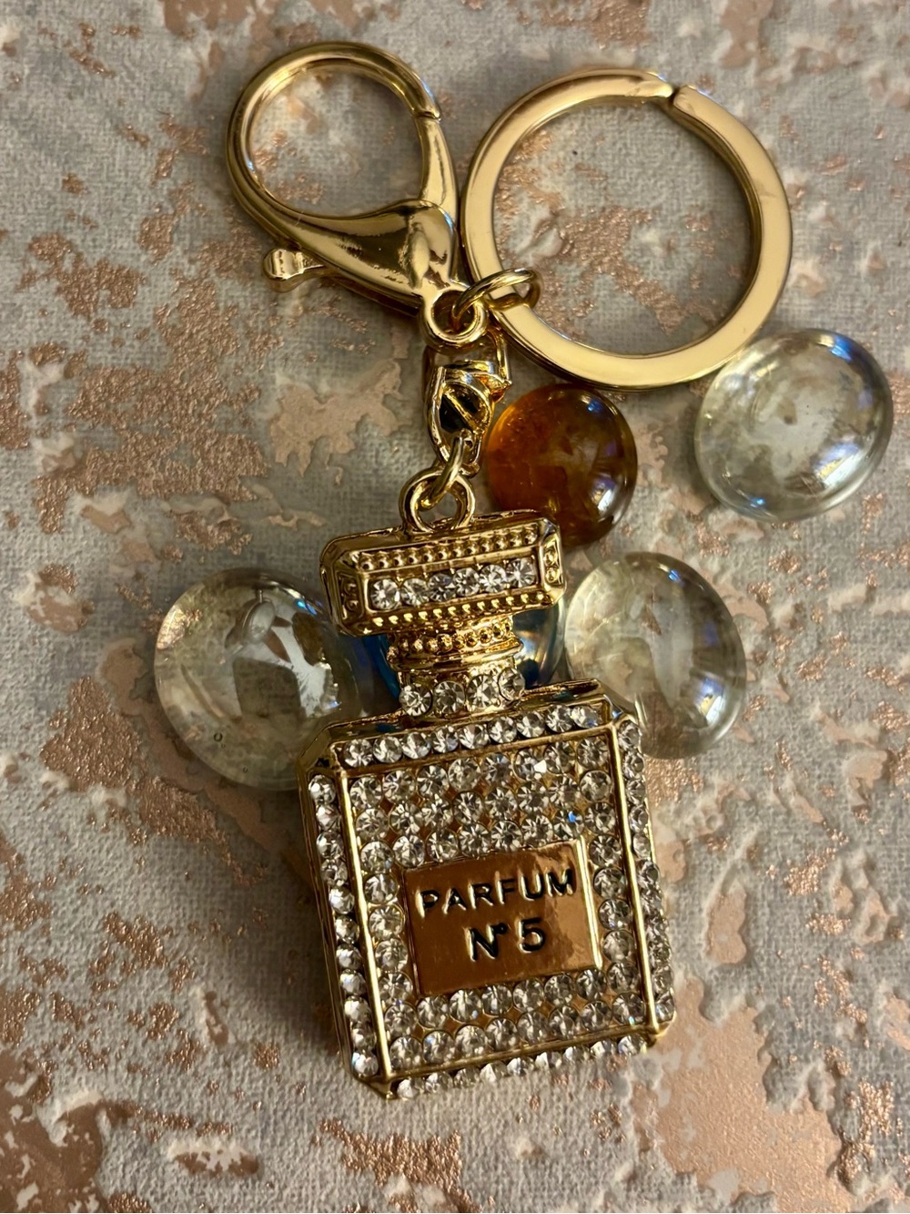 PURSE CHARM key ring Parfum Bottle Gold tone binged with white rhinestones - Picture 3 of 3